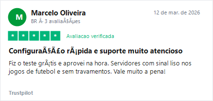 Avaliação Trustpilot 5 estrelas: Marcelo Oliveira elogiando instalação rápida e sinal sem travamento no futebol